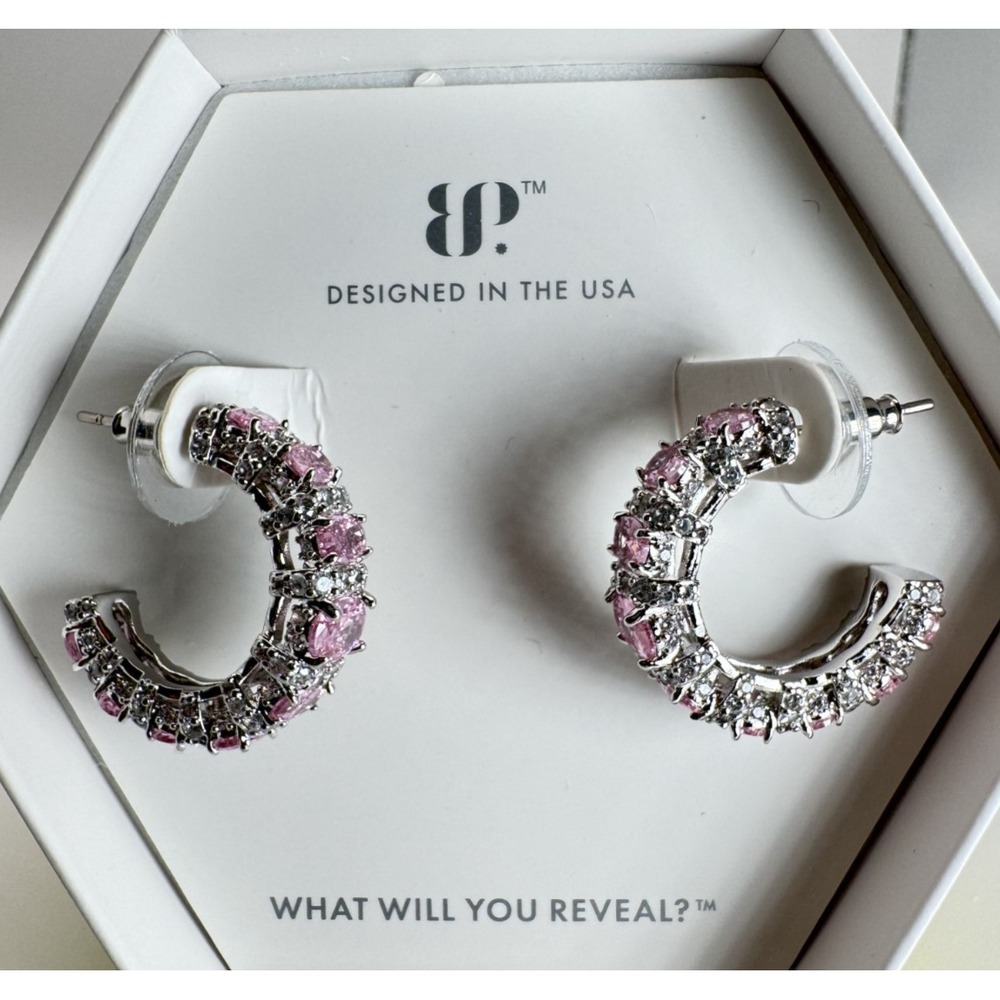 Bomb Party Embrace the Skies Earrings ER54797 Rose Quartz CZ Rhodium Hoop